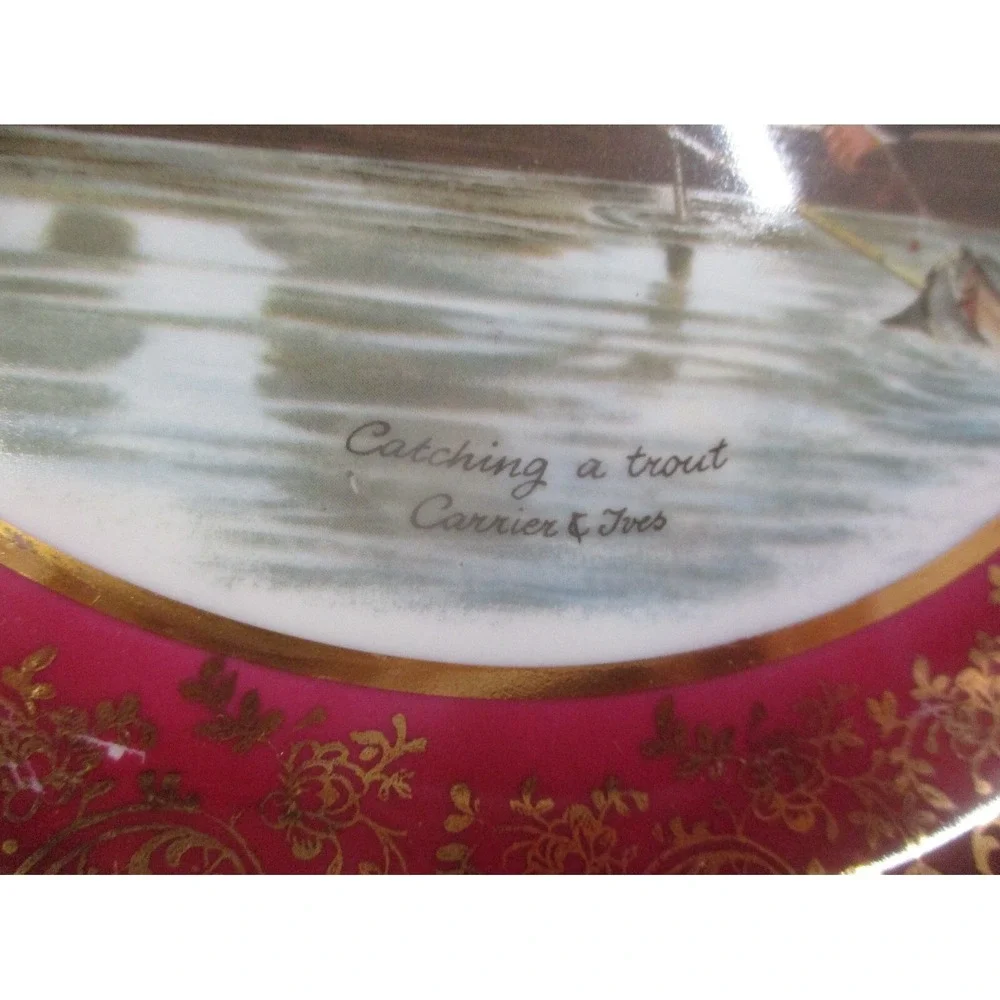 VTG Bayreuth Bavaria Catch A Trout Currier & Ives Pink Porcelain Cabinet Plate